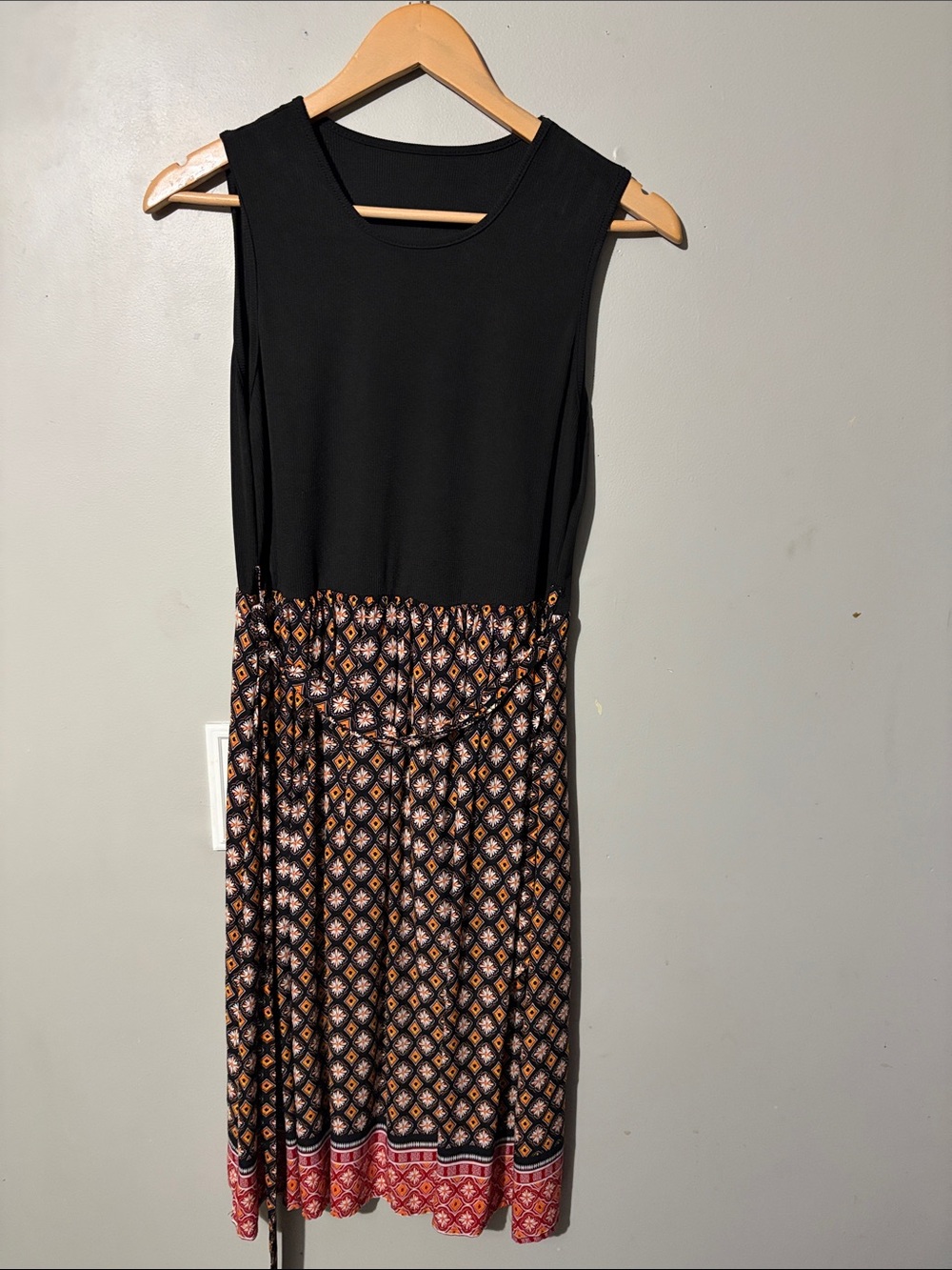 SHEIN Black Sleeveless Midi Dress with Patterned Brown & Red Skirt